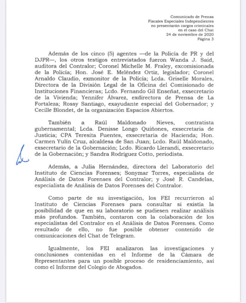FEI - comunicado - no presentaran cargos contra Rossello - noviembre 24 2020